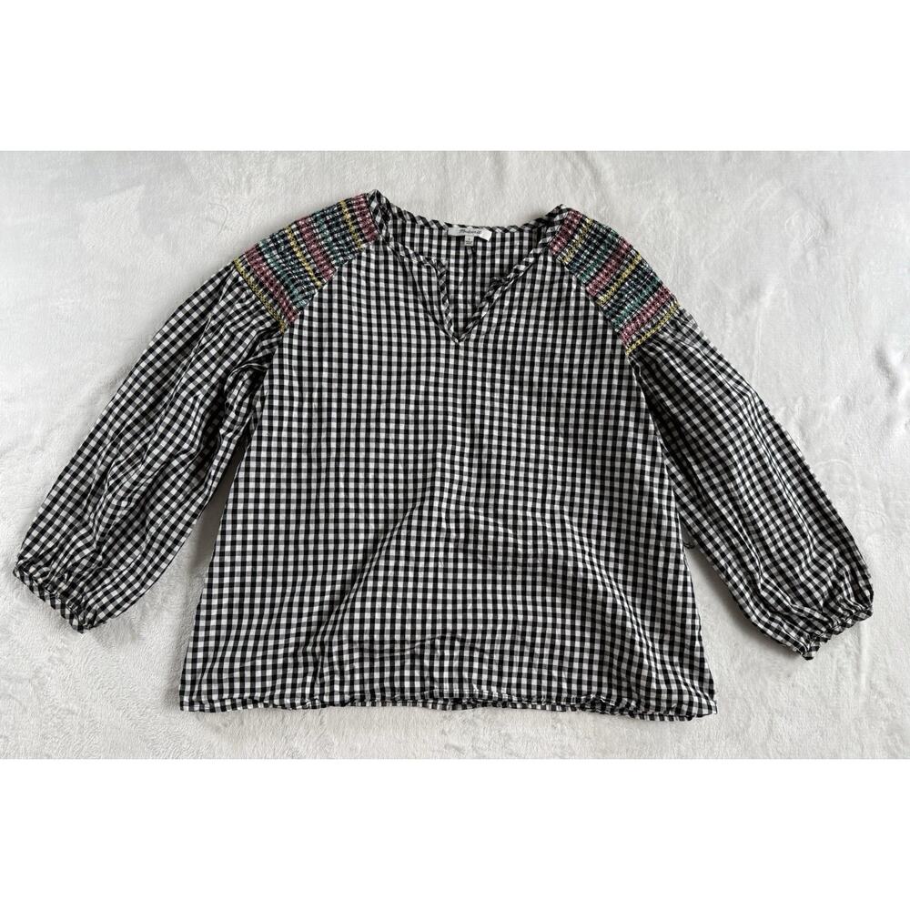 Madewell Smocked Black Gingham Plaid Boho 100% Cotton Split Neck Blouse Size S